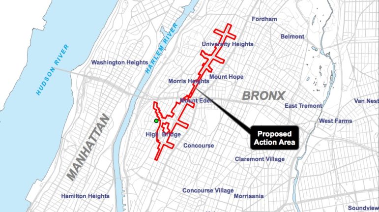 The proposed rezoning threads through several neighborhoods: Highbridge, Concourse, Mt. Eden, Mt. Hope, University Heights, and Fordham.