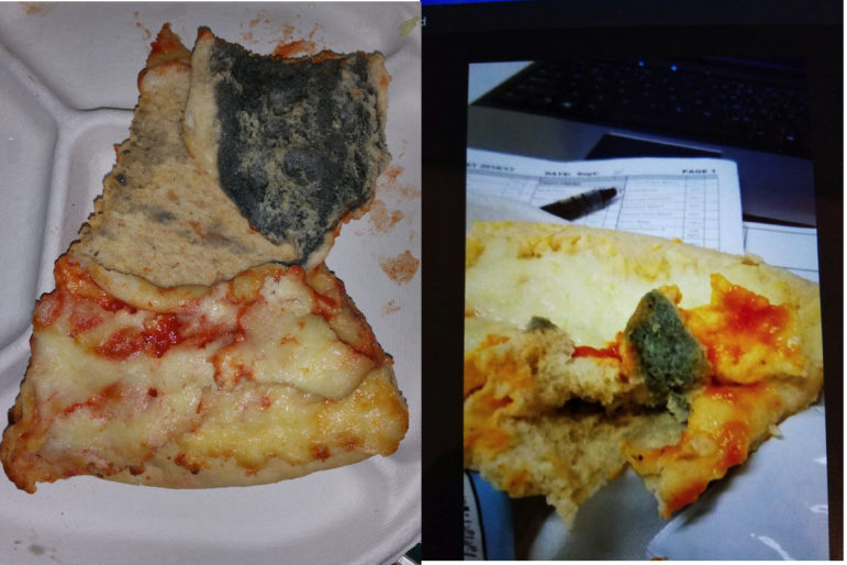 Photos associated with complaints of mold in the frozen pizza served by city schools. At left is an image taken in May. At right is one filed last week.