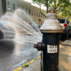 An open fire hydrant spraying water on a Brooklyn street