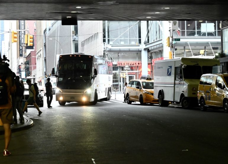 A bus pulling into Port Authority in Manhattan