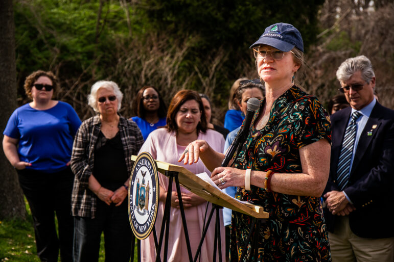 Hudson Riverkeeper Tracy Brown speaking at an April 14 press conference about the decommissioning of Indian Point and its health effects o Hudson River communities.